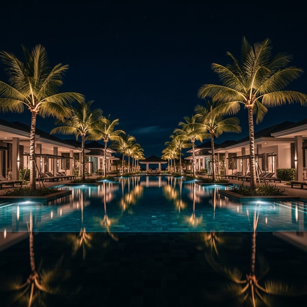 Luxury resort pool illuminated at night